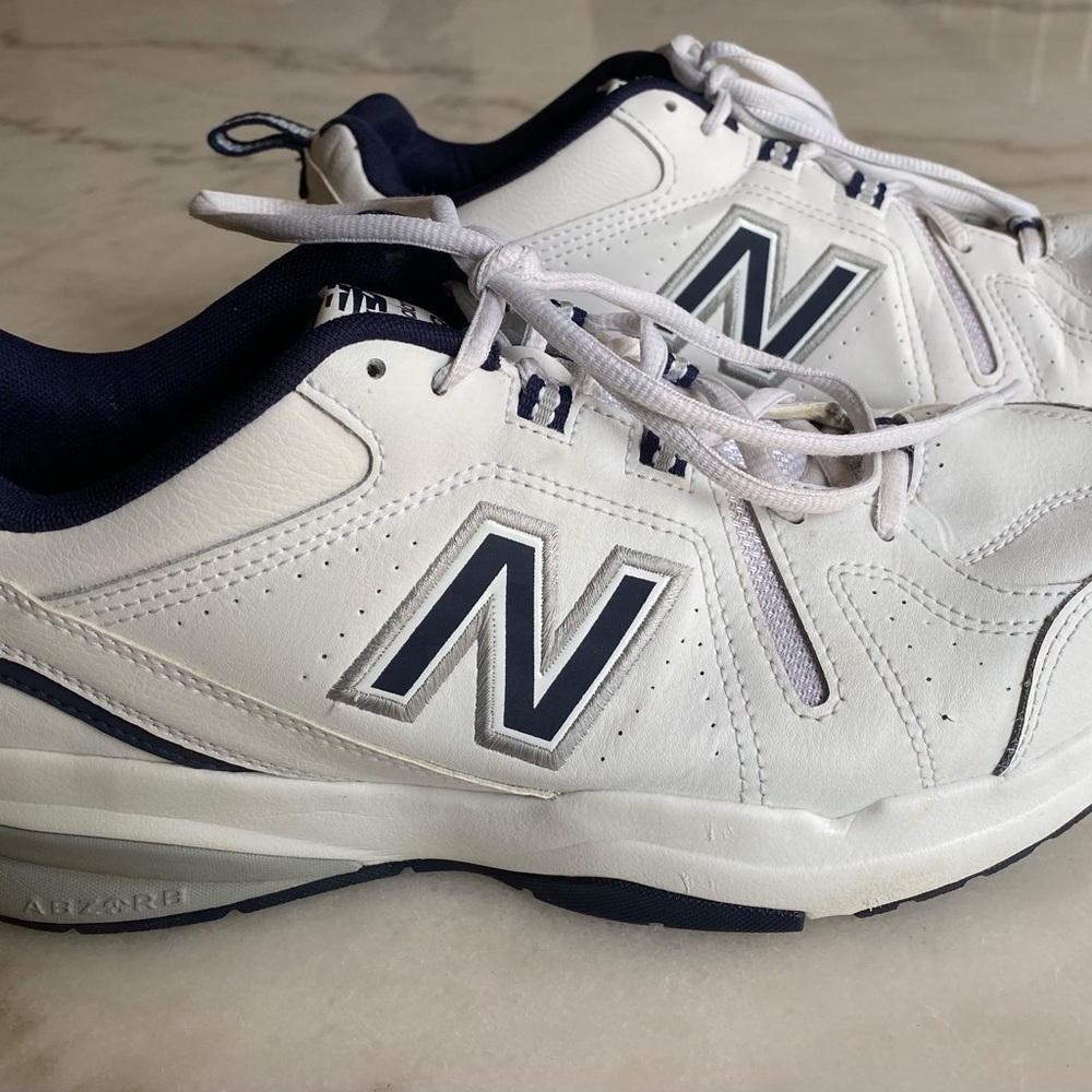 New Balance 608 Mens Size 9 Shoes White Navy Leather Walking Sneakers- Width 4E